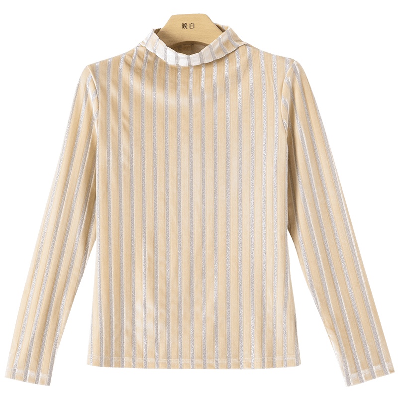 晚白2020冬季新品简约显瘦竖条纹修身百搭立领长袖内搭打底衫女
