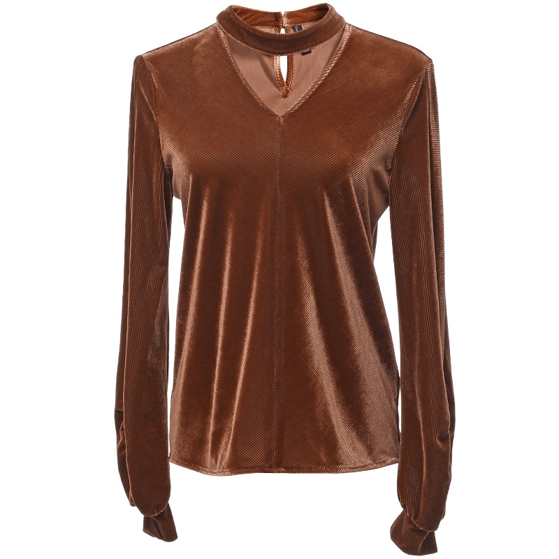 欧昵雪秋装时尚V领灯笼袖丝绒衫女套头长袖宽松显瘦上衣