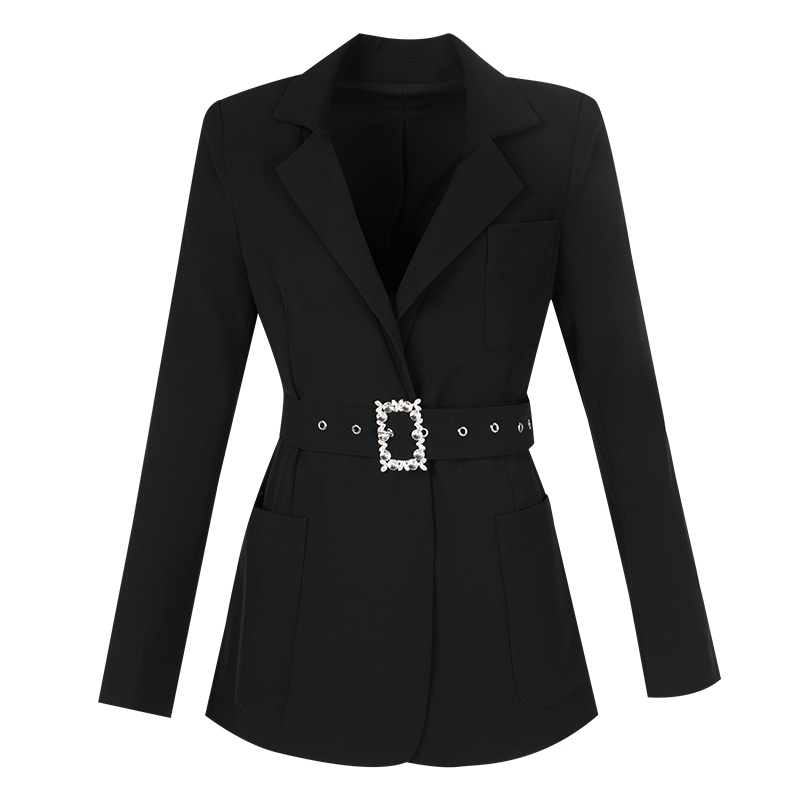 晚白2020冬季新品通勤简约职业纯色修身系腰带百搭时尚西装外套女