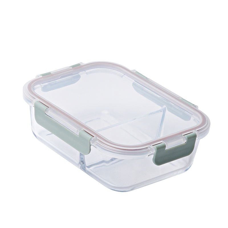 Carote高硼硅玻璃保鲜盒密封食品便当盒透明水果盒便携饭盒微波炉 绿色二隔980ml