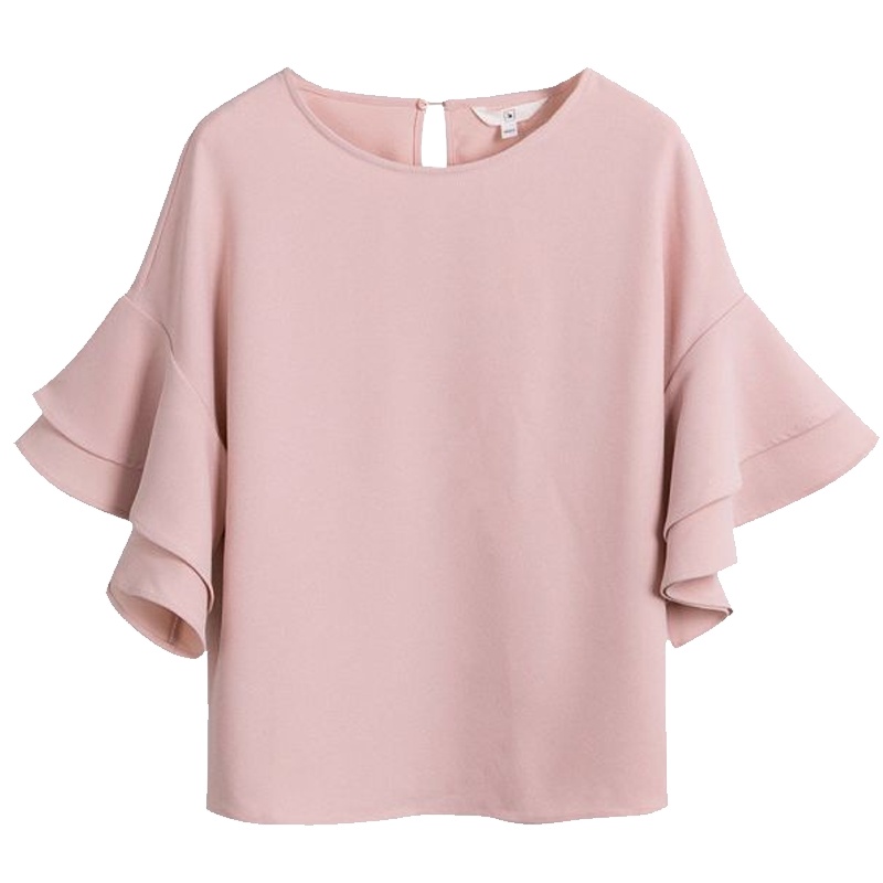 拉夏贝尔7M莫丽菲尔夏季女装新款雪纺衬衫女纯色套头小衫荷叶袖上衣70008296