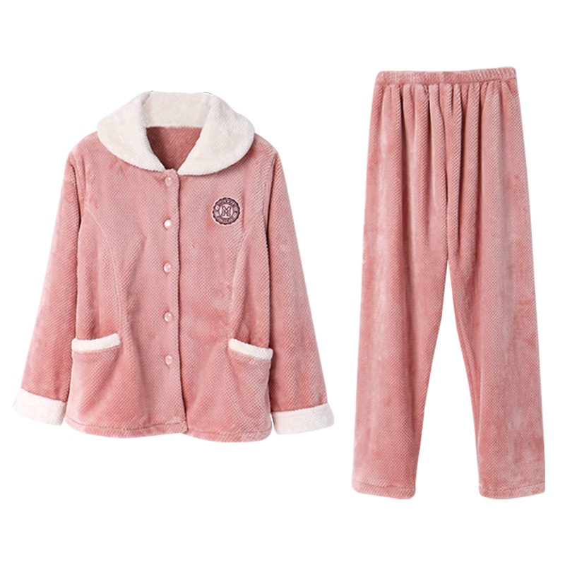 2019新款情侣冬季双面珊瑚绒女士睡衣简约翻领长袖长裤两件套