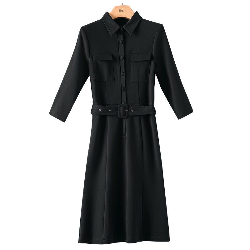 晚白2021冬季新品时尚修身纯色翻领百搭衬衫包臀裙鱼尾裙连衣裙女