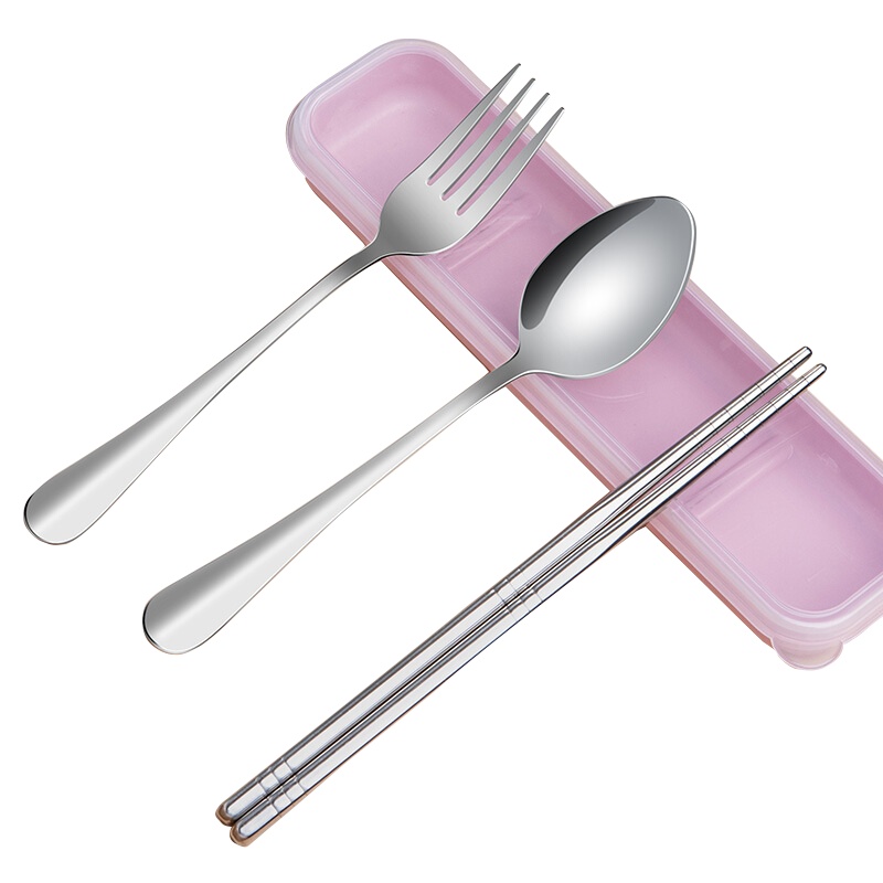 拾画 时尚不锈钢便携餐具 筷子勺子叉子盒装餐具四件套装 粉色款 SH-6353