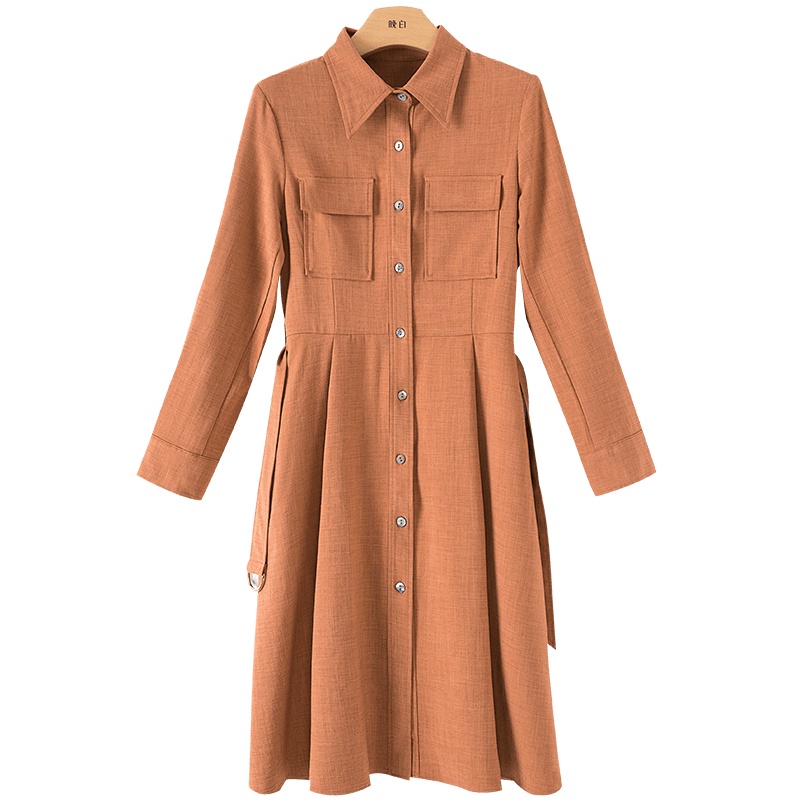 晚白2020秋新品简约通勤翻领修身显瘦纯色高腰A字衬衫裙连衣裙女