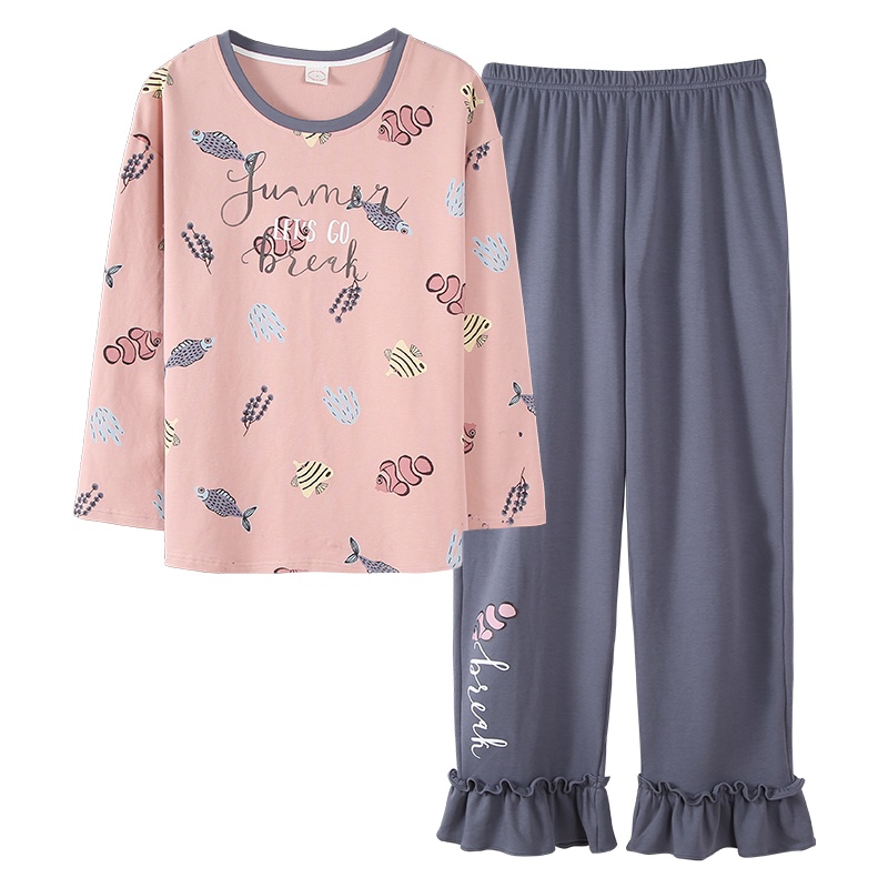 蓝旗(BLUEG)女士春秋休闲可爱粉色英文长袖家居服睡衣套装两件套