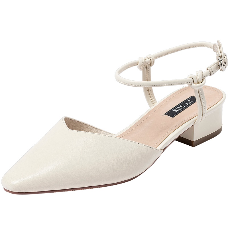 百田森夏季商场同款包头凉鞋女粗跟真皮时尚尖头低跟外穿凉鞋