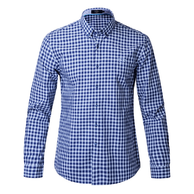 古老鲨鱼秋季新款男装时尚个性蓝格子休闲修身纯棉长袖衬衫