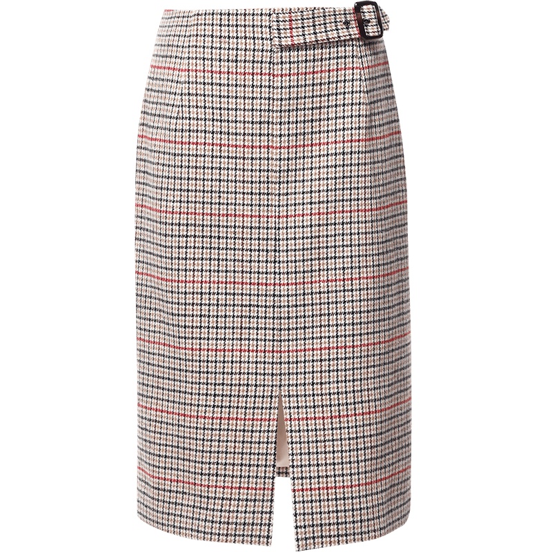 欧昵雪秋冬高腰千鸟格毛呢半身裙女直筒包臀一步开叉裙子
