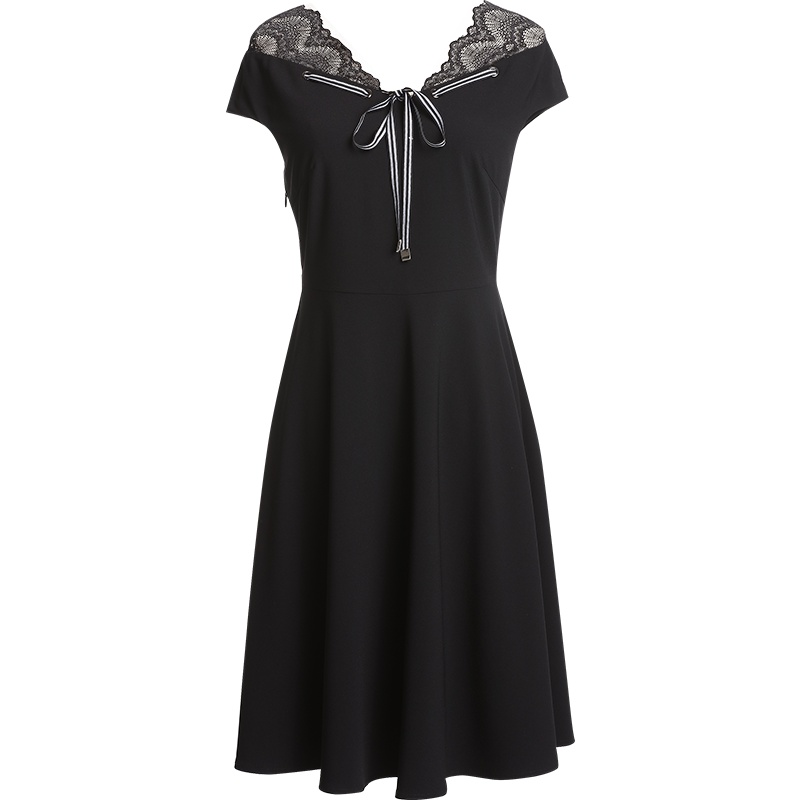 欧昵雪 夏优雅气质V领蕾丝蝴蝶结系带短袖高腰连衣裙女包袖短裙X