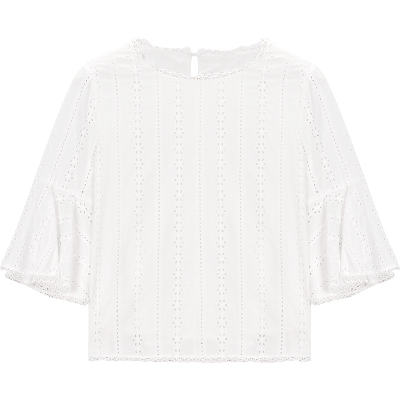 爱居兔春装2019女装 喇叭袖绣花中袖梭织上衣