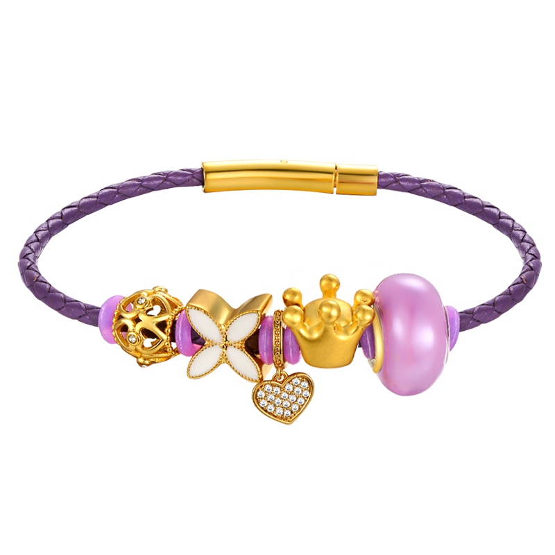 蒂蔻 镶钻爱心形皇冠加冕黄金手链女士款足金硬金镶钻心创意生日情人节日表白礼物