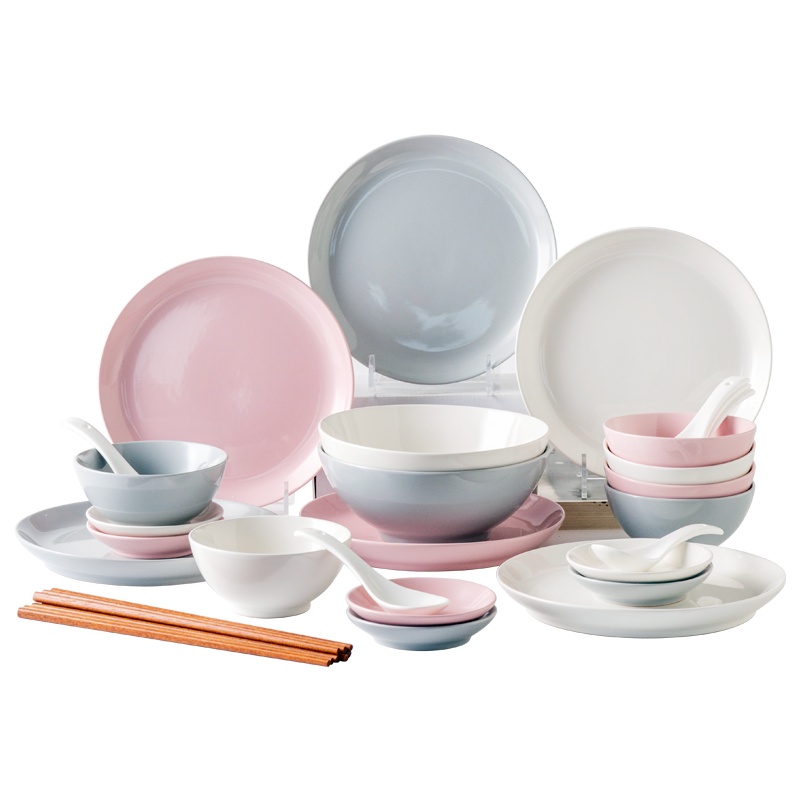 亿嘉IJARL 健康色釉礼盒餐具套装陶瓷碗碟套装盘子勺子碗具 珠光32件套