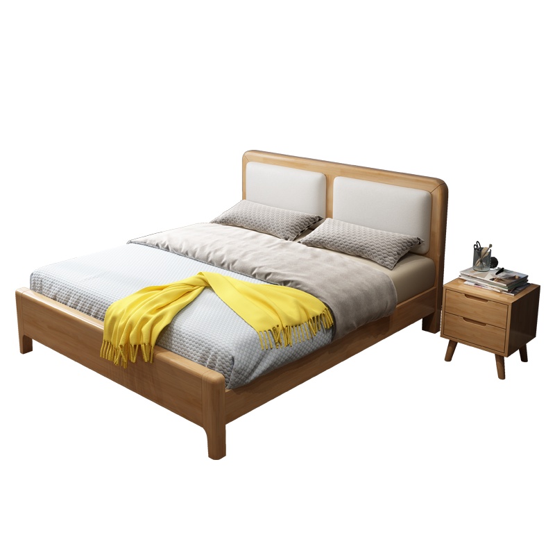 一米色彩 床 实木床 北欧双人床 现代简约白皮软靠1.8米原木1.5M宜家日式主卧床 卧室家具