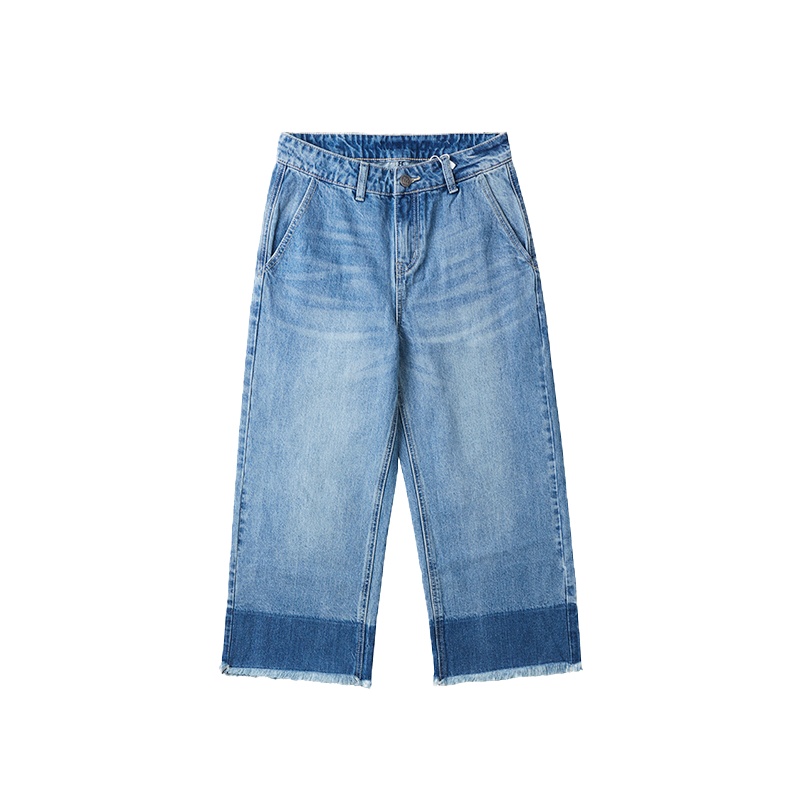 苏宁极物 女式水洗拼色九分阔腿宽松牛仔裤