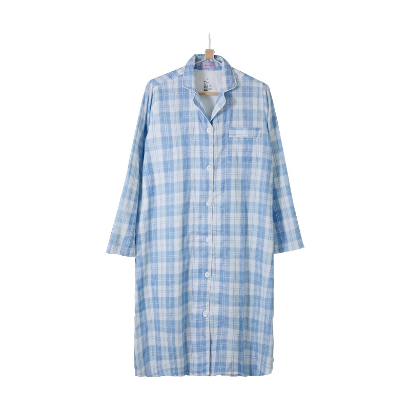 杉杉【时尚格纹】纯棉透气翻领睡衣女中长款睡裙女士家居服可外穿