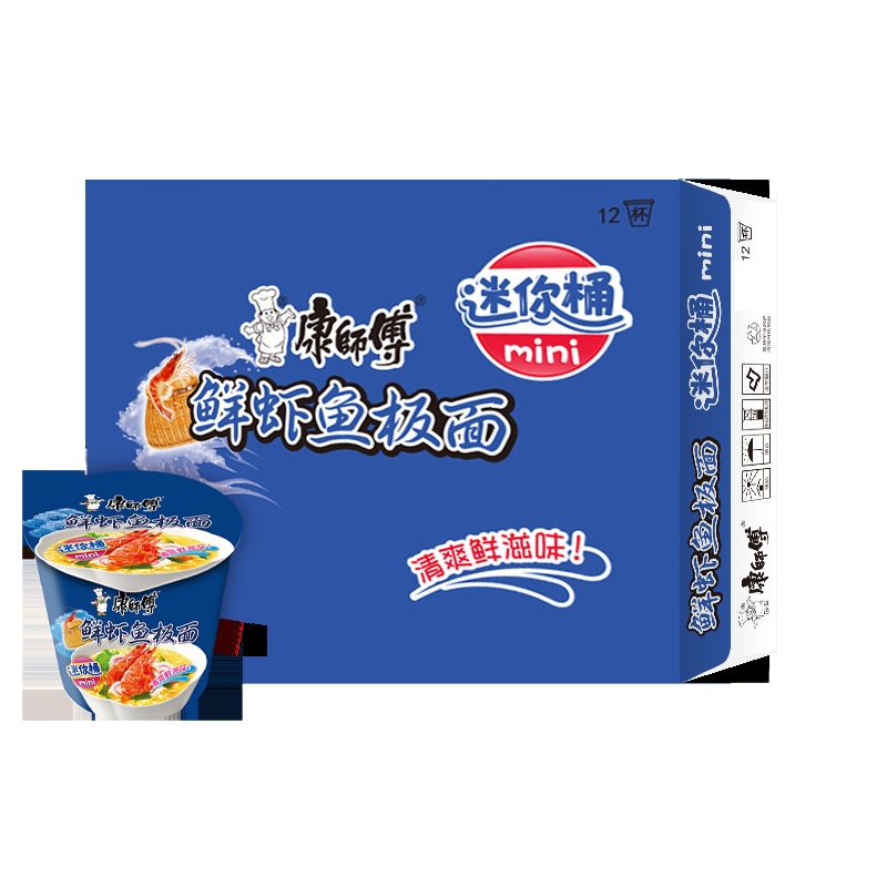 康师傅方便面随心杯鲜虾鱼板面整箱12小桶