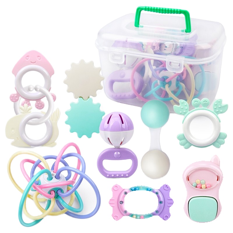 萌乐乐 婴儿玩具3-6-12个月幼儿可咬可水煮牙胶0-1岁男女孩宝宝手摇铃 摇铃牙胶8件套+曼哈顿球