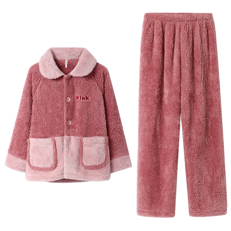 双面长毛绒素色长袖女套装