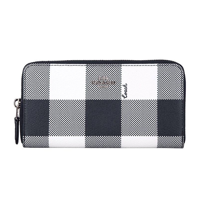 COACH 蔻驰 奢侈品 欧美时尚女士藏青格子人造革长款钱包横款钱夹皮具