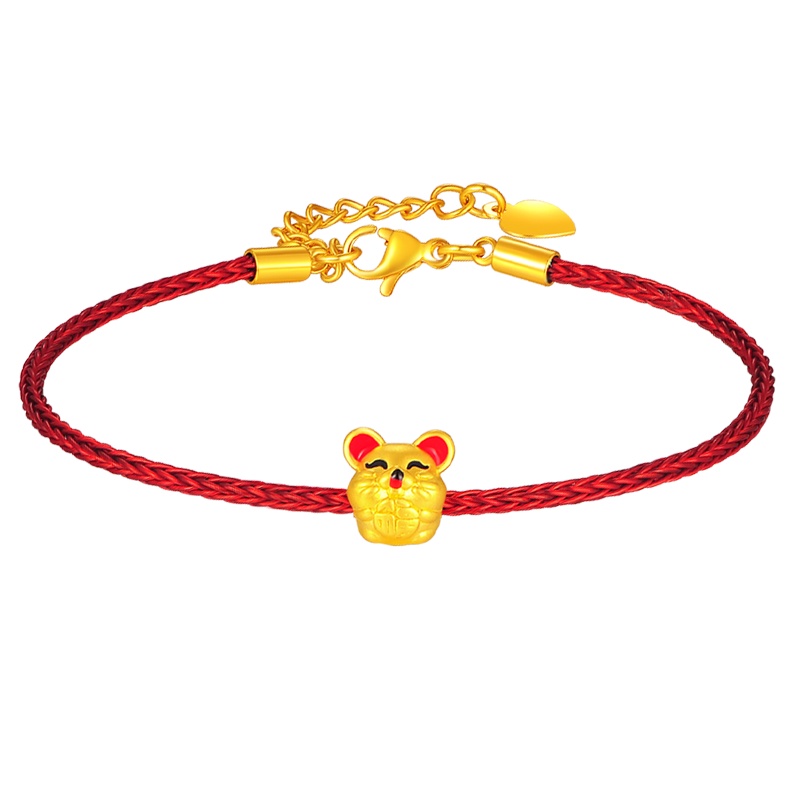 蒂蔻 本命年可爱萌鼠黄金转运珠手链男女款鼠年生肖红绳手饰3D硬足金小老鼠送福新年生日礼物