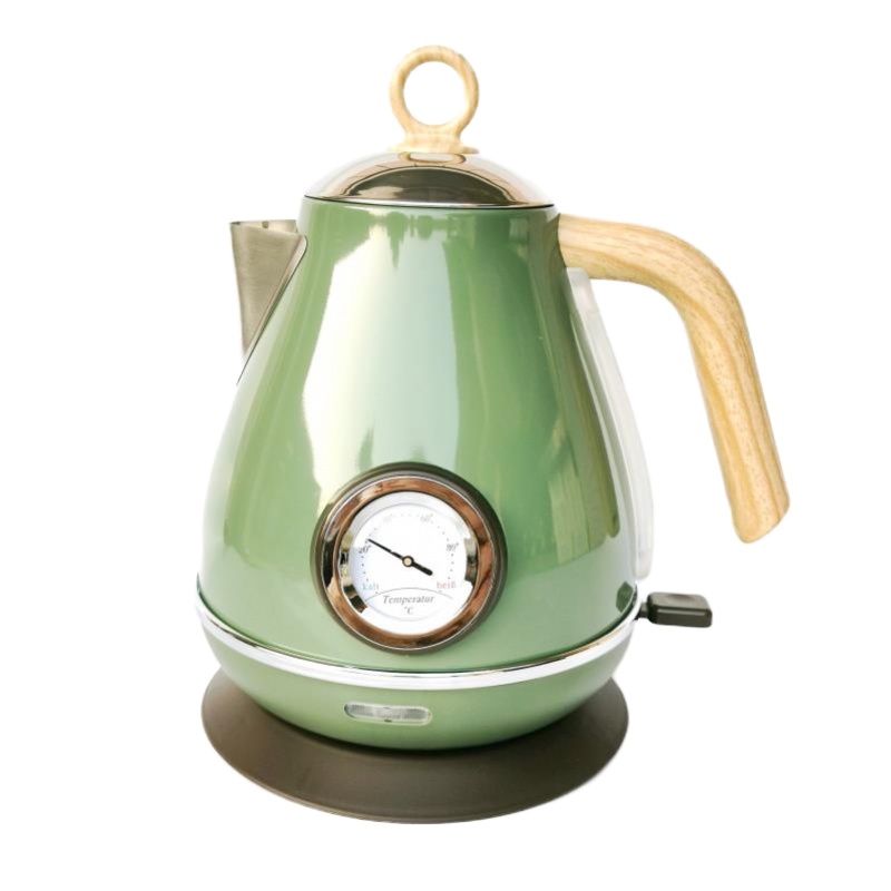电热水壶黄金蛋家用复古欧式自动断电民宿网红插电烧水304 翡翠绿带温度表木纹手柄