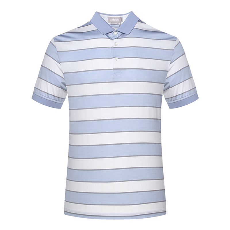 鄂尔多斯ERDOS 春夏100%桑蚕丝条纹撞色小翻领Polo衫短袖男士T恤