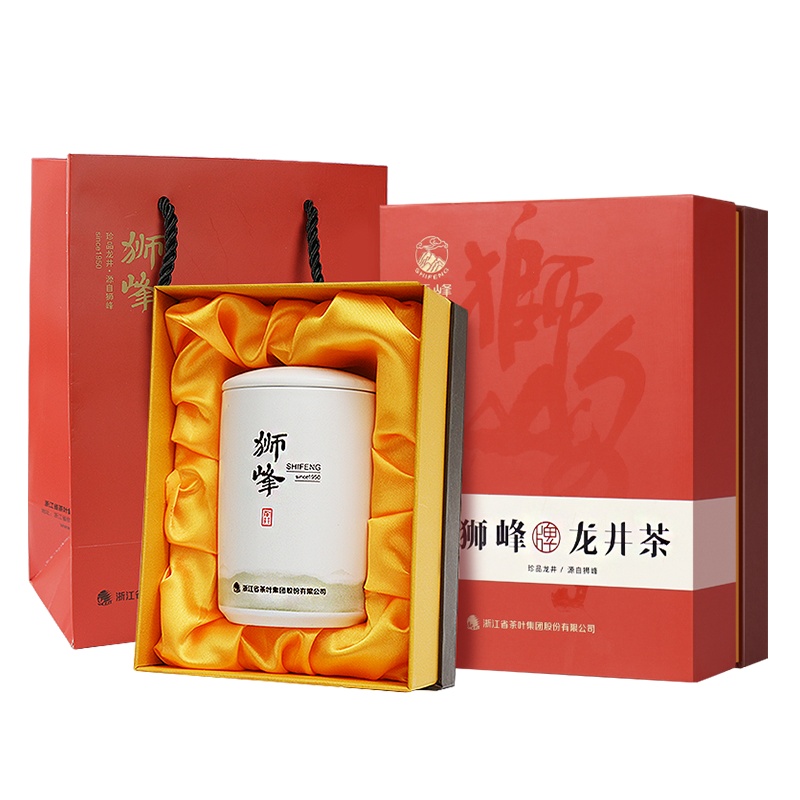 2023年新茶狮峰牌龙井茶明前特级绿茶龙井茶礼盒装红运白瓷高档瓷罐50g