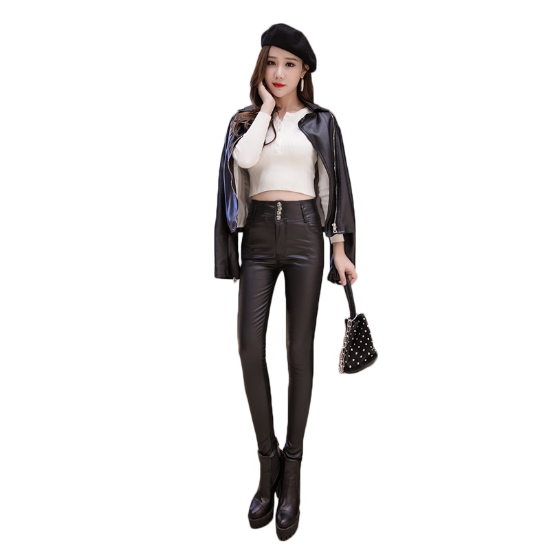 魅言魅语(MeiYanMeiYu)哑光pu皮裤女2021冬季新款皮绒一体加绒打底裤外穿四排扣紧身小脚铅笔裤长裤