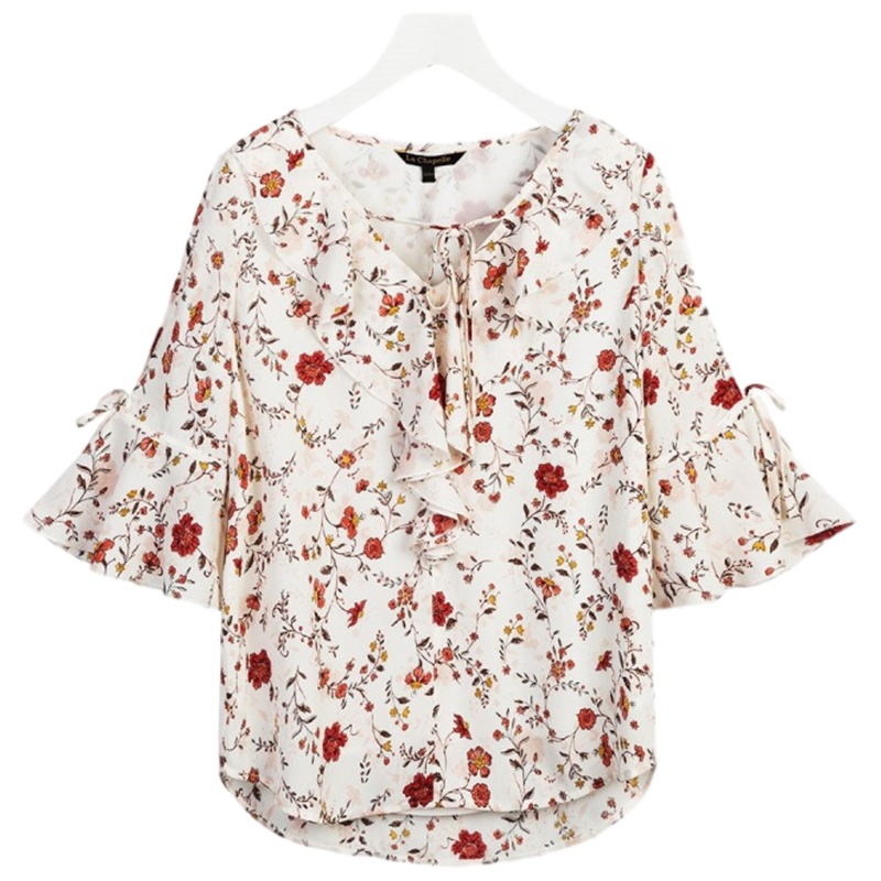 【苏】Laetia拉夏贝尔时尚气质韩版夏季新款宽松v领荷叶袖百搭雪纺碎花上衣