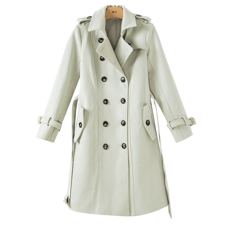 晚白2021春季新品简约通勤翻领长袖时尚修身风衣毛呢大衣外套女