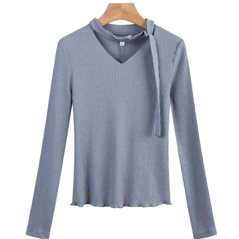 拉夏贝尔挂脖v领秋冬装女 女装毛衣女打底衫显瘦短款针织衫20011349