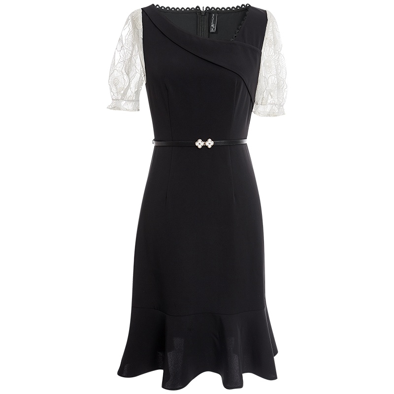 欧昵雪夏装设计感斜领收腰连衣裙女显瘦蕾丝短袖鱼尾裙