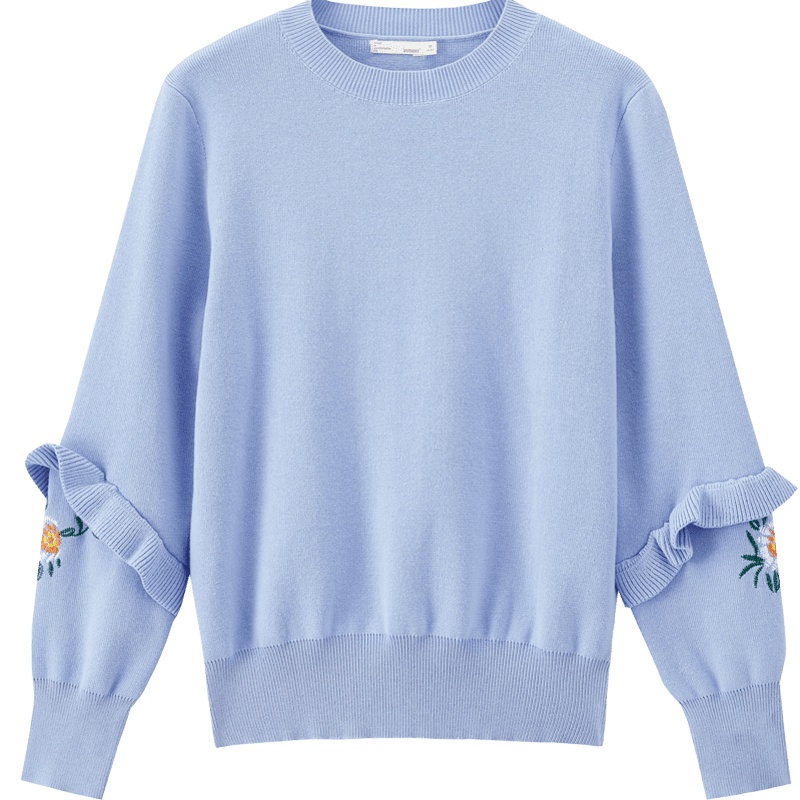 茵曼2019新款文艺甜美刺绣女上衣木耳边毛衣女套头秋冬蓝色宽松