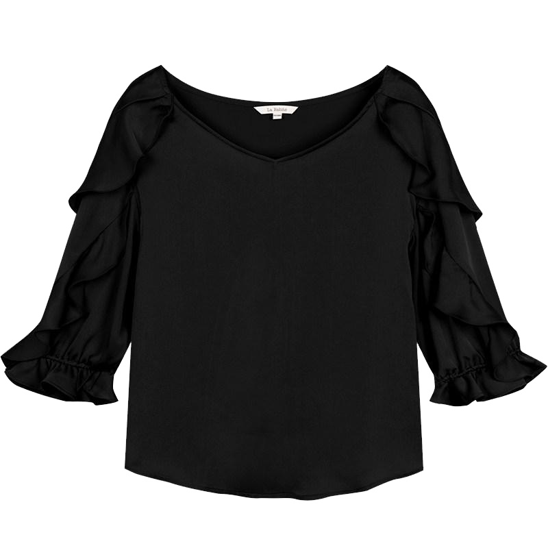 拉夏贝尔荷叶边雪纺衫女装夏季新款很仙的上衣洋气显瘦小衫超仙甜美_903 S 黑色
