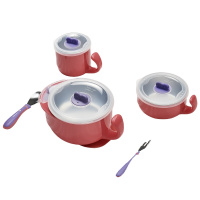 babycare宝宝辅食碗吸盘碗婴儿防摔防烫 儿童餐具套装(3件套)猫咪款-珊瑚红