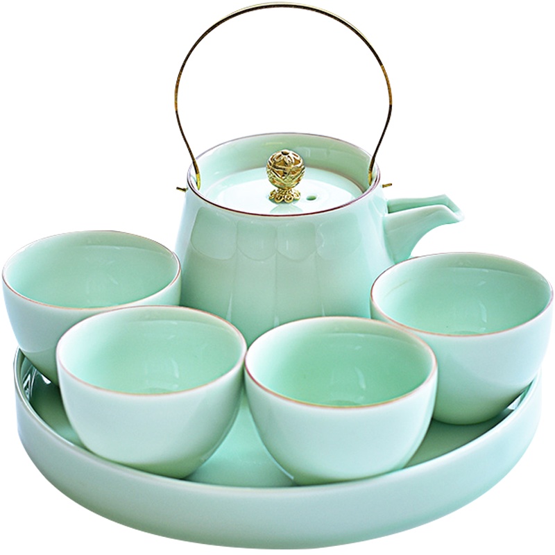 青瓷干泡功夫茶具提梁壶茶杯茶盘套装创意家用陶瓷茶道一壶四杯一盘