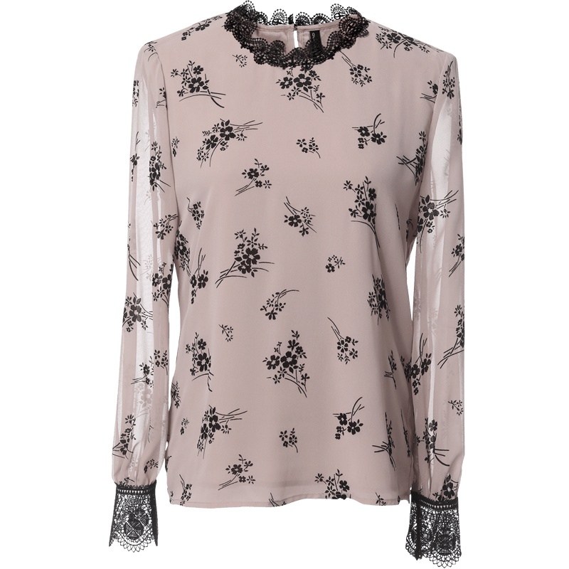 欧昵雪秋装花边圆领植绒碎花雪纺衫上衣女长袖时尚小衫薄