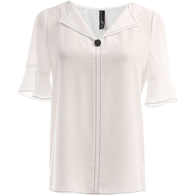 欧昵雪夏季设计感V领拼接开叉喇叭短袖小衫女显瘦上衣