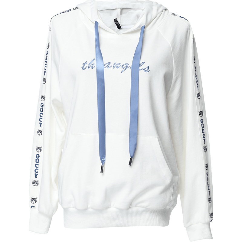 欧昵雪秋装字母绣花可爱袋鼠口袋抽绳连帽白色卫衣女短款