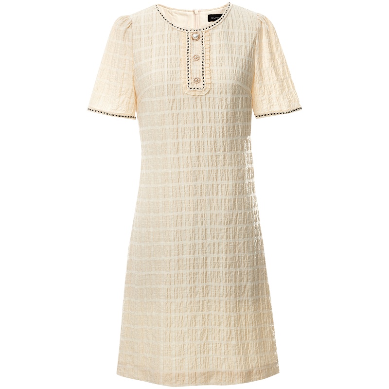 欧昵雪夏气质圆领收腰泡泡绉格子连衣裙女小众显瘦a字裙