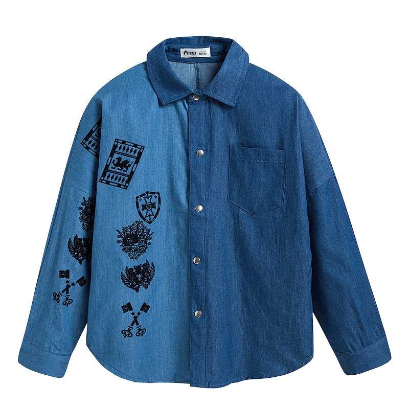 IKALI男童双色拼接牛仔长袖衬衫 文艺范拼接小衫衣单穿内搭都帅气