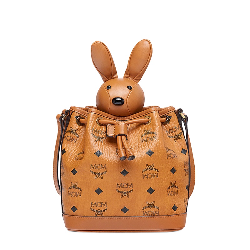 MCM正品女士印花19新款可爱兔子玩偶可拆卸抽绳单肩包水桶包兔子可拆也当挂件单肩手提包奢侈品小号