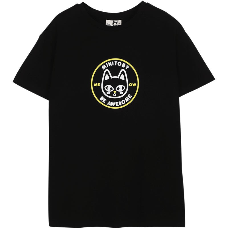 a02新款2020简约小黑卡通印花打底衫圆领短袖T恤女DTV2C0041KT