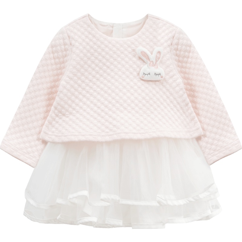 婴姿坊女童春秋新款连衣裙长袖圆领两拼色假两件公主外出蓬蓬纱裙