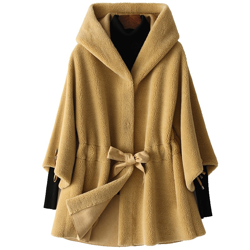 憨厚皇后 2019海宁春季新款羊毛皮大衣女中长款连帽羊剪毛外套W