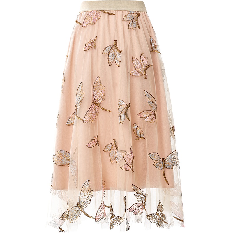 欧昵雪夏季时尚高腰中长款半身裙女仙女蜻蜓珠片绣网纱裙