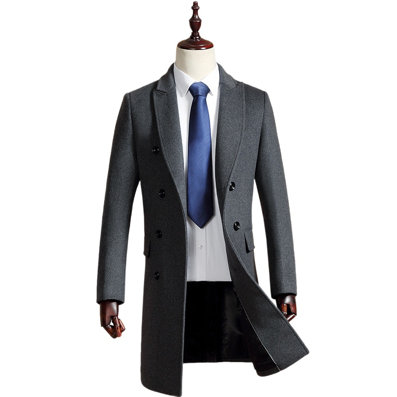 春秋新款男毛呢大衣修身双排扣长款风衣加厚毛呢外套男装潮