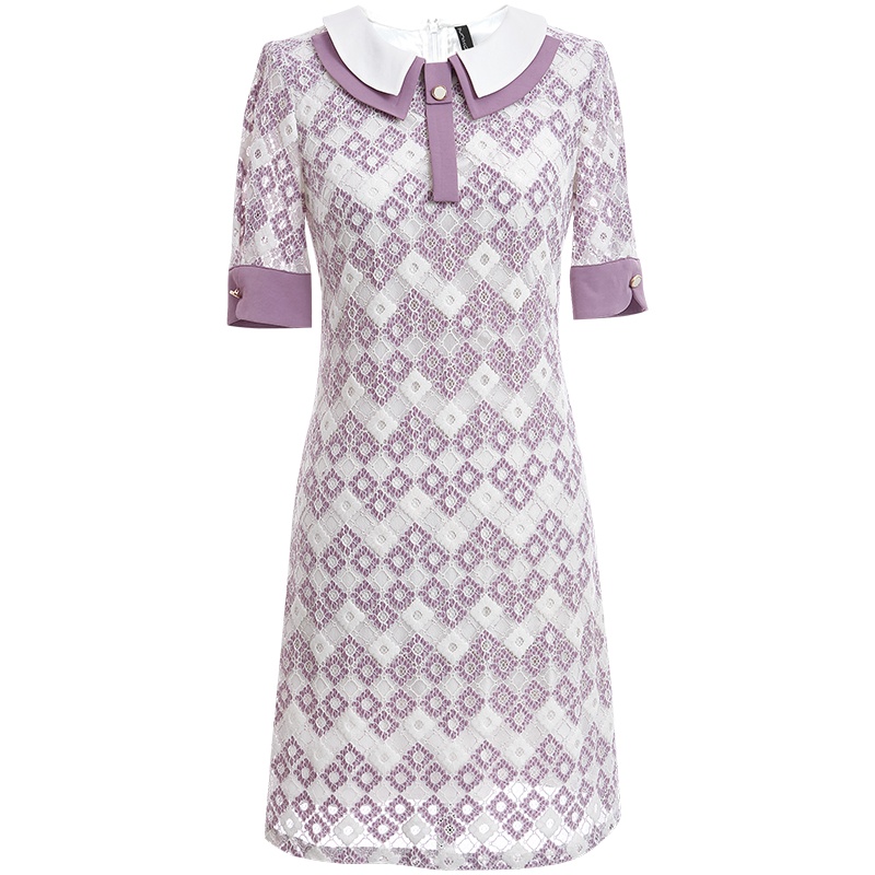 欧昵雪夏装复古娃娃领菱格蕾丝连衣裙女显瘦包臀a字裙