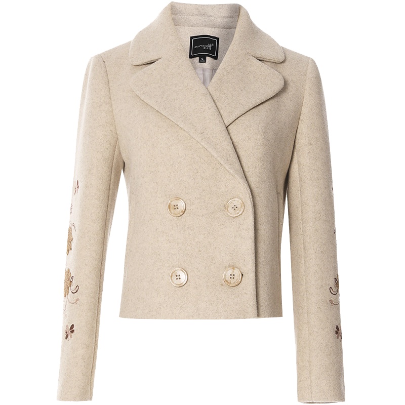 欧昵雪秋冬双排扣绣花长袖小个子短款毛呢外套女呢子大衣